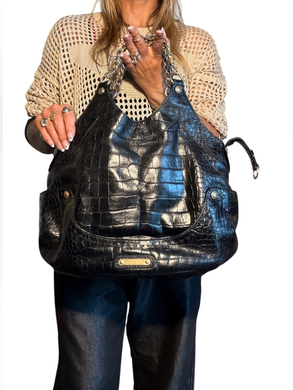 Versace Black Croc-Embossed Women's Bag